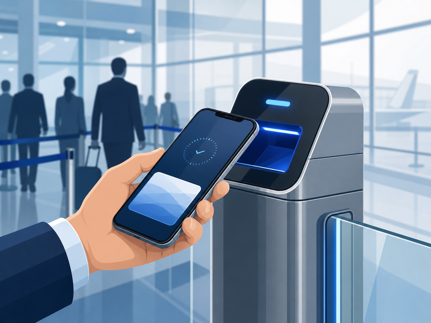 Illustration of a digital airport pass shown to a security scanner