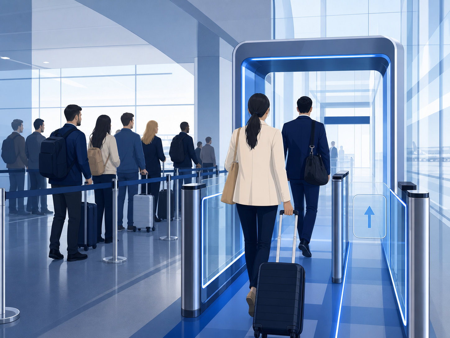 Illustration of travellers entering a priority airport lane