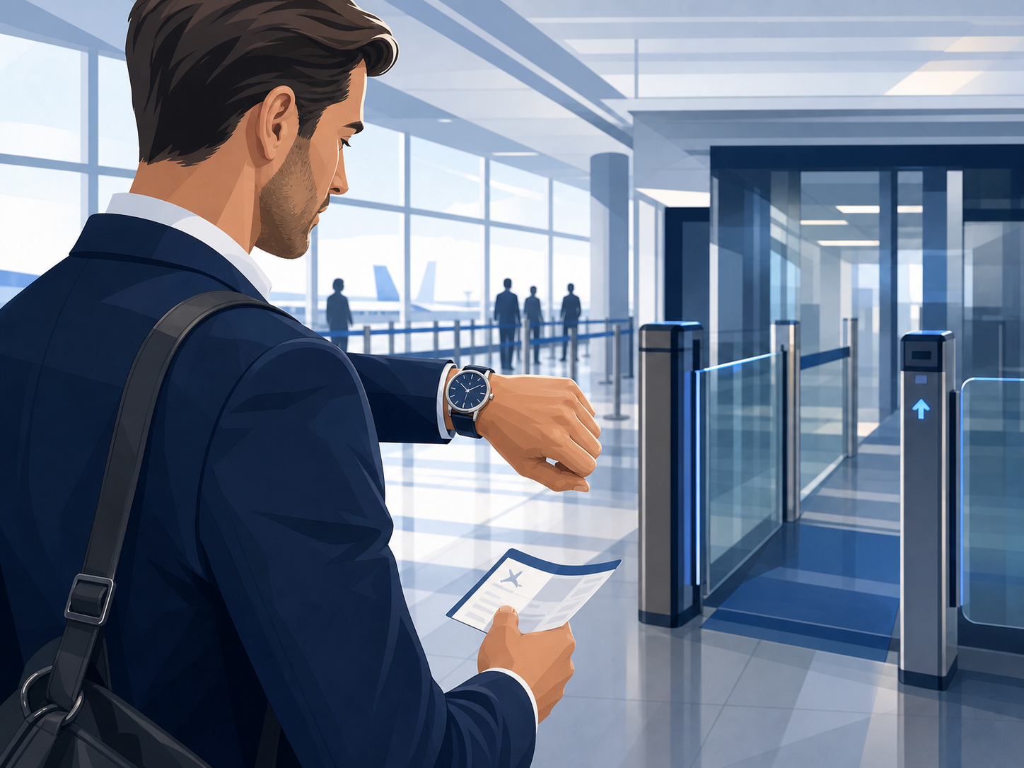 Illustration of a traveller checking the time before entering airport control