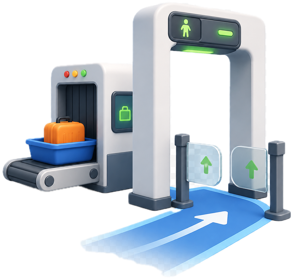 Airport security checkpoint with green access lights