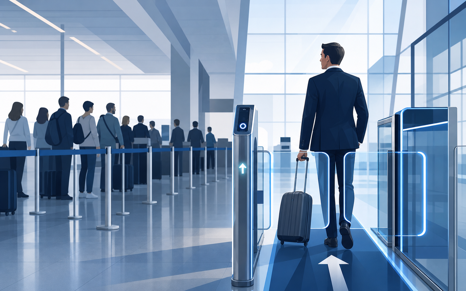 Illustration of travellers using a blue-lit priority airport security lane